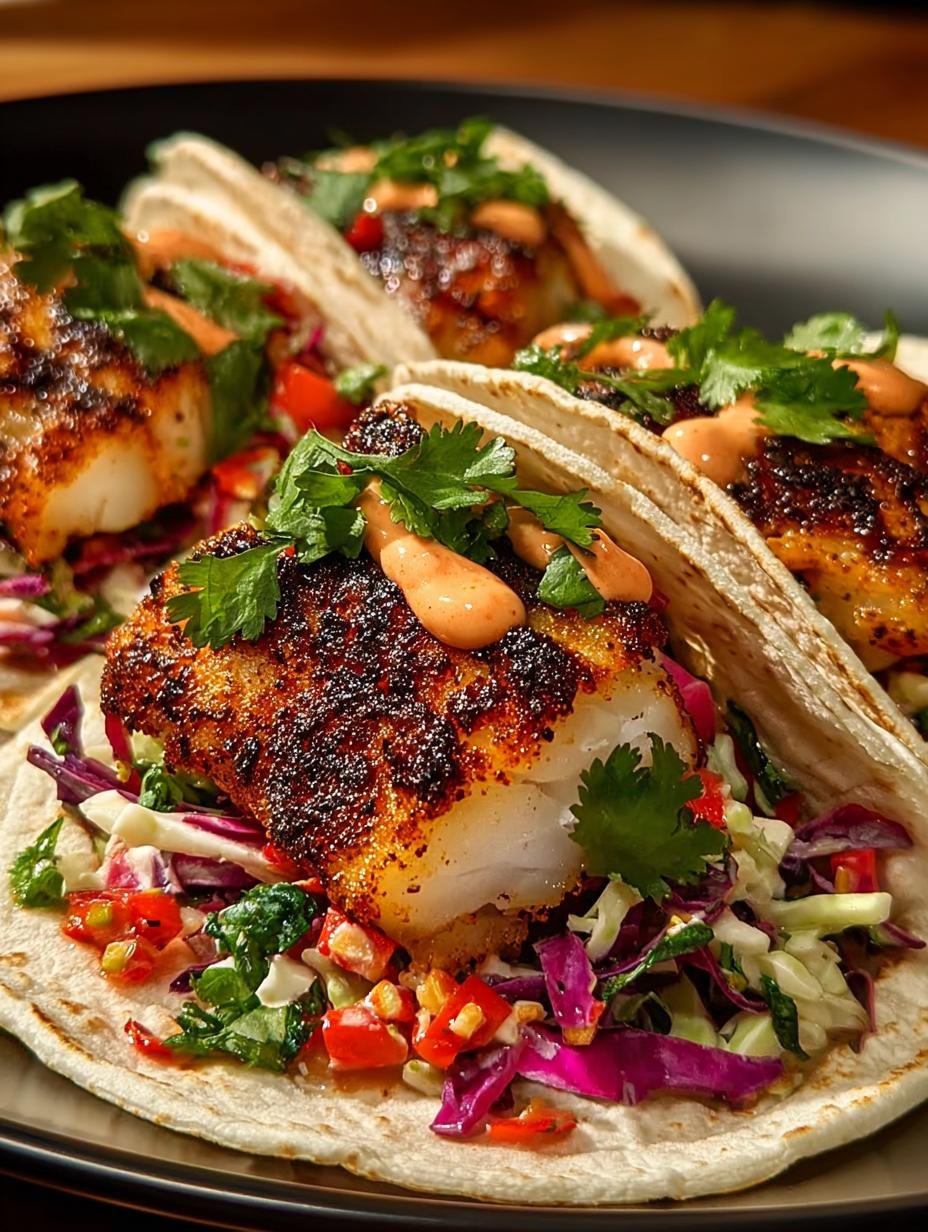 Blackened Fish Tacos with Spicy Cilantro Slaw and Sriracha - Blackened Fish Tacos with - main visual representation