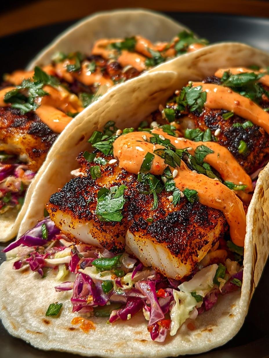 Blackened Fish Tacos with Spicy Cilantro Slaw and Sriracha - Blackened Fish Tacos with - additional detail