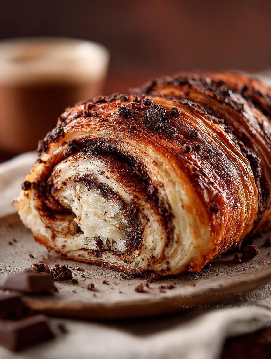Irresistible Chocolate Croissant Loaf fresh from the oven on a cooling rack