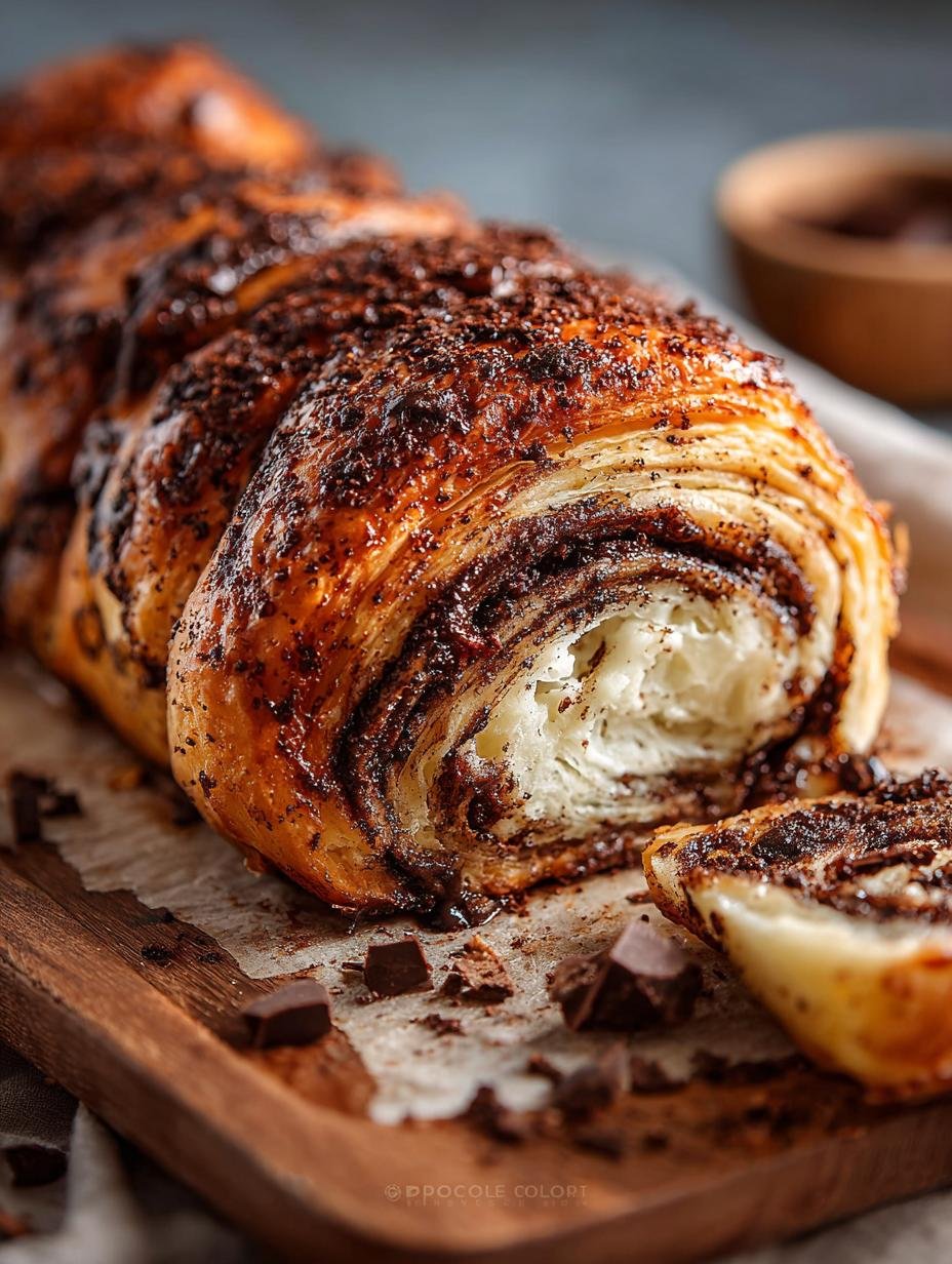 Delicious Chocolate Croissant Loaf sliced to reveal layers of chocolate and croissant
