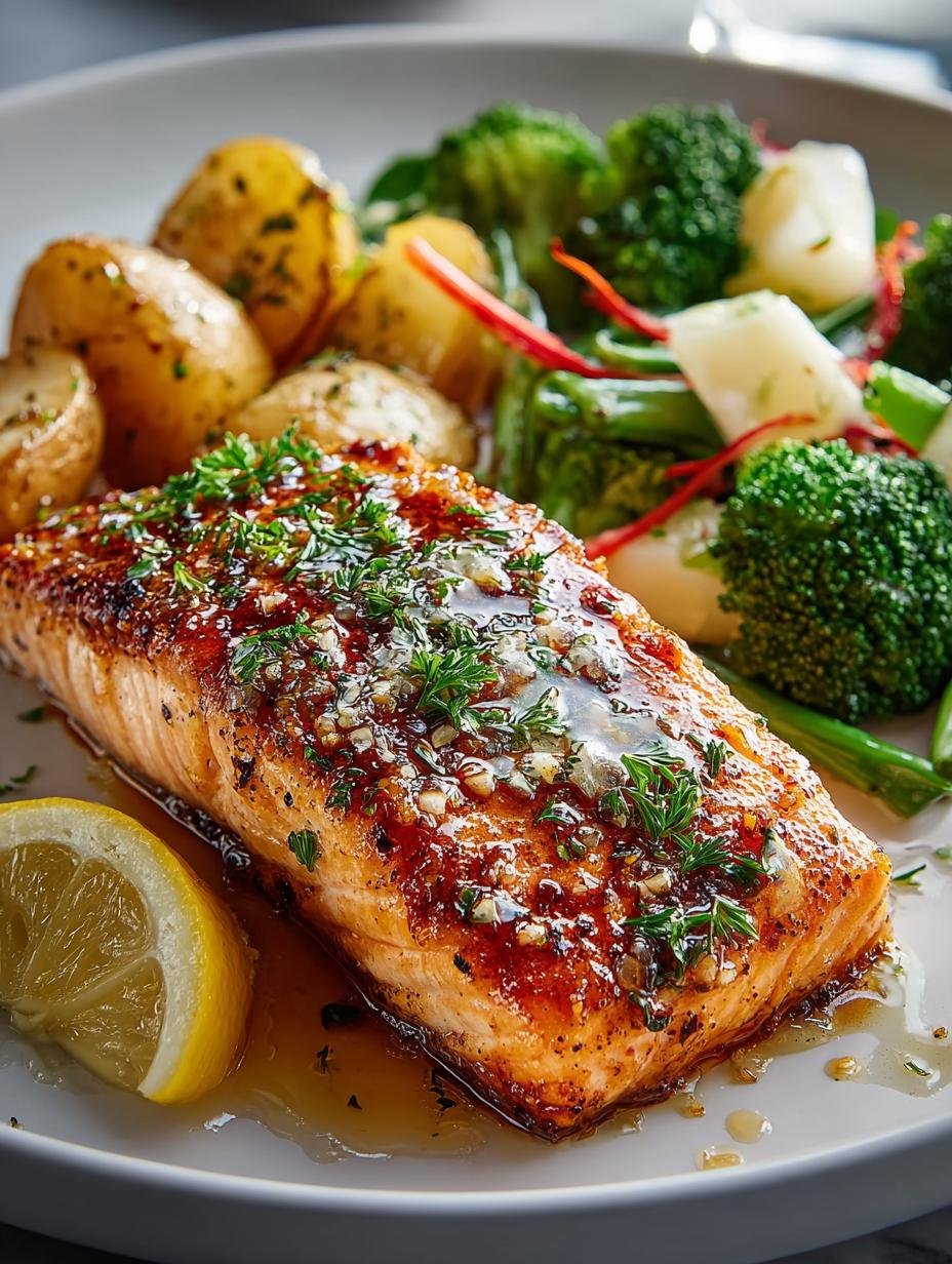 Lemon Butter Salmon with Crispy Potatoes & Broccoli Delight - Lemon Butter Salmon with - additional detail