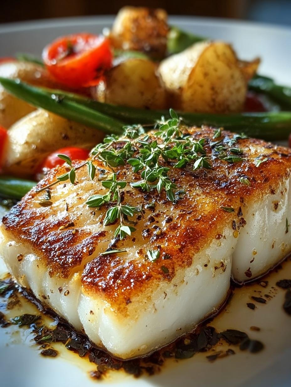 Deliciously plated pan seared white fish with creamy sauce and fresh herbs