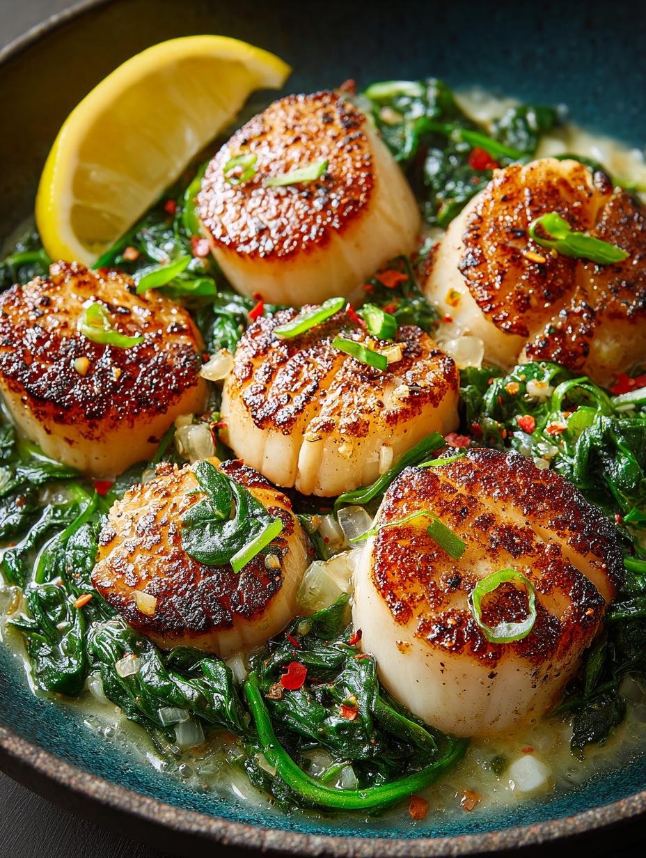 30-Minute Seared Scallops with Spinach for Dinner - Seared Scallops with Spinach - additional detail