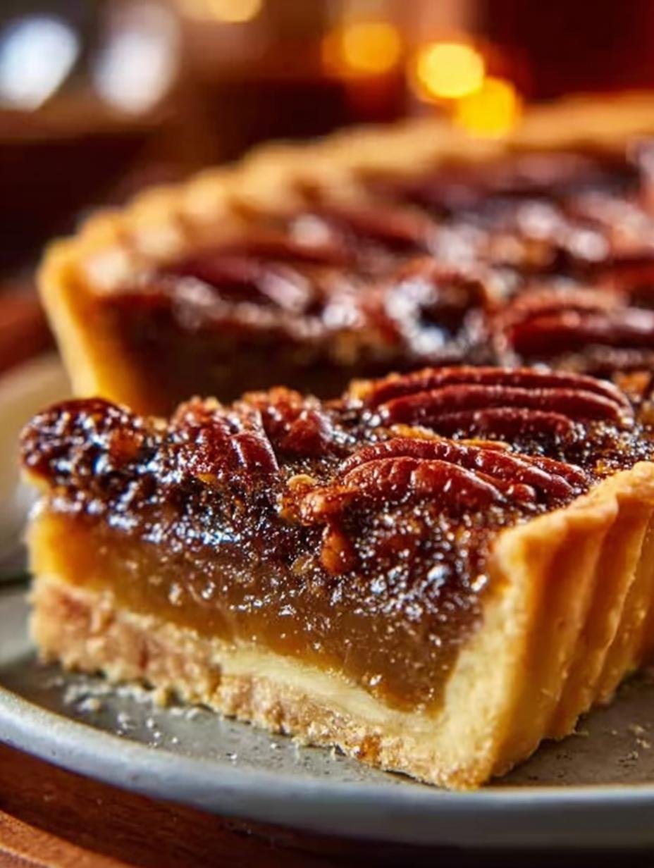 Delicious slice of Condensed Milk Pecan Pie with pecans on top