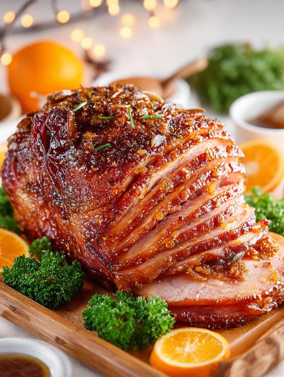 Irresistible Honey Baked Ham fresh from the oven on a serving platter
