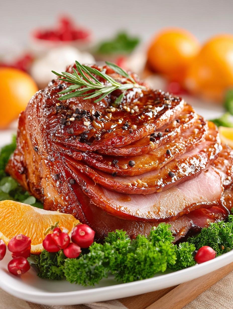 Delicious Honey Baked Ham served with sides on a festive table
