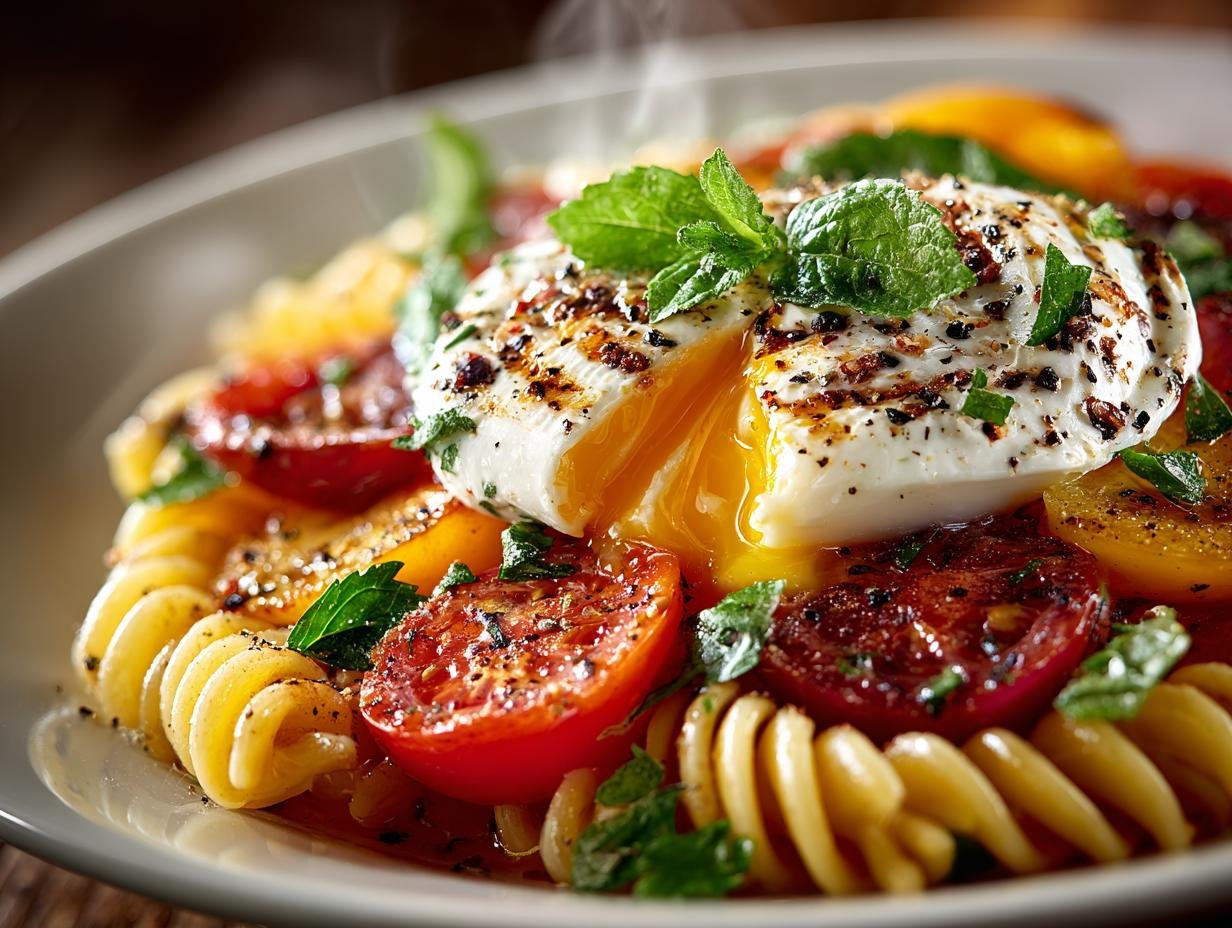Tomato Peach Burrata Pasta